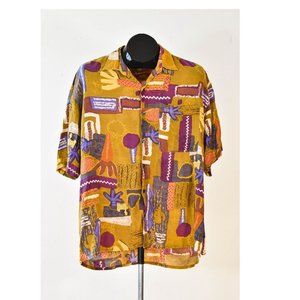 Vintage Colorful Spring Shirt, Vintage Short Sleeve Button Up Size L